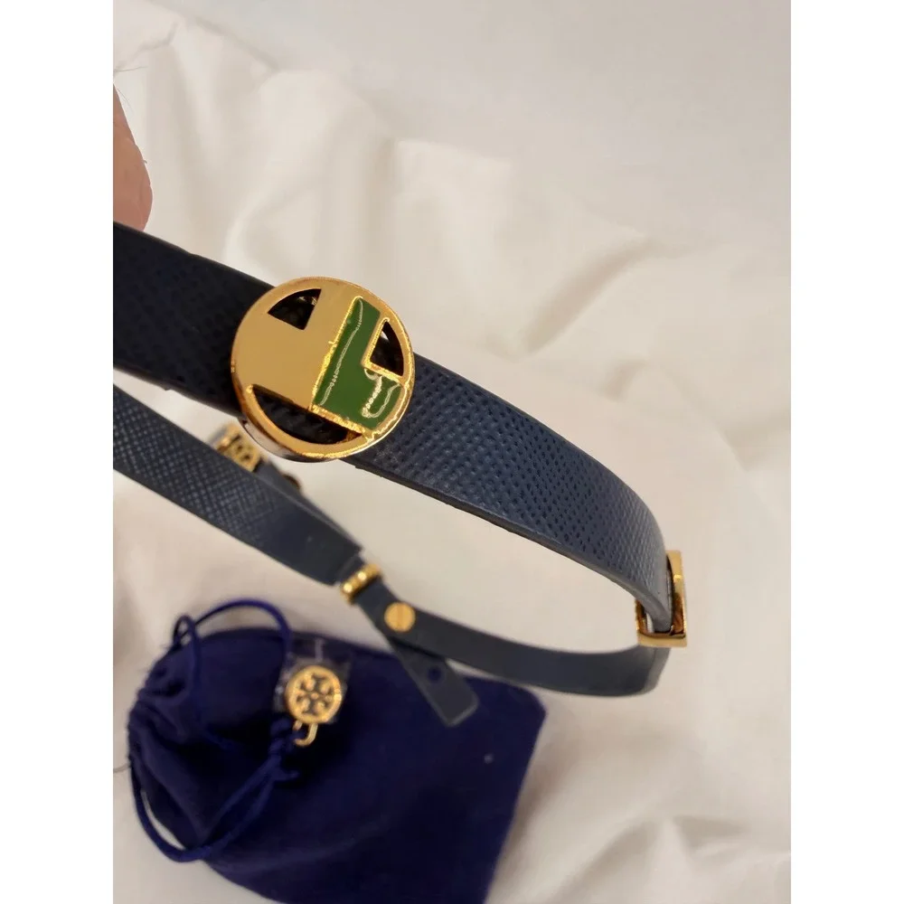 Tory Burch Reva Navy Saffiano Leather‎ Gold Logo Double Wrap Bracelet